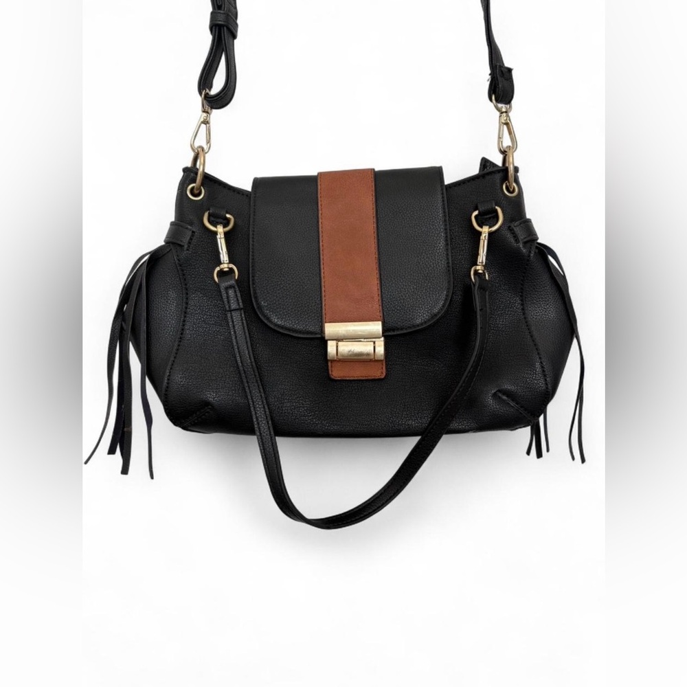 NWOT Women's Boutique Black Leather Fringe‎ Crossbody Handbag Medium Sized